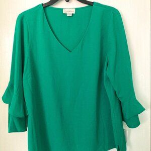 Jaclyn Smith Collection L Golf Green Frill Sleeve Top NWT